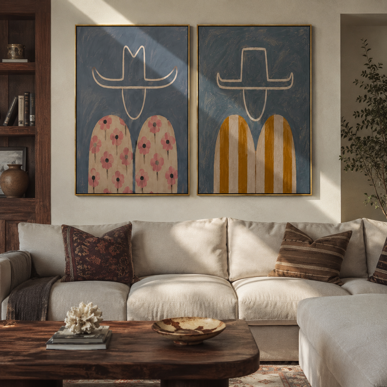 Flowers Answer Golden Stripes - floral Western figure by Elliot Vale, modern figurative set of 2 wall art - styled room scene view 3