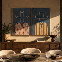 Flowers Answer Golden Stripes - floral Western figure by Elliot Vale, modern figurative set of 2 wall art - styled room scene view 4