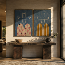 Flowers Answer Golden Stripes - floral Western figure by Elliot Vale, modern figurative set of 2 wall art - styled room scene view 5