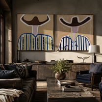 Ivory Faces Hold Blue - abstract blue stripe portrait by Elliot Vale, modern figurative set of 2 wall art - styled room scene view 1