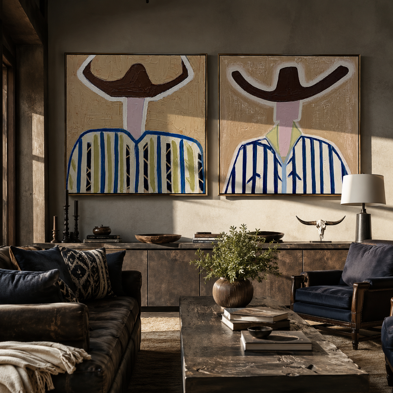 Ivory Faces Hold Blue - abstract blue stripe portrait by Elliot Vale, modern figurative set of 2 wall art - styled room scene view 1