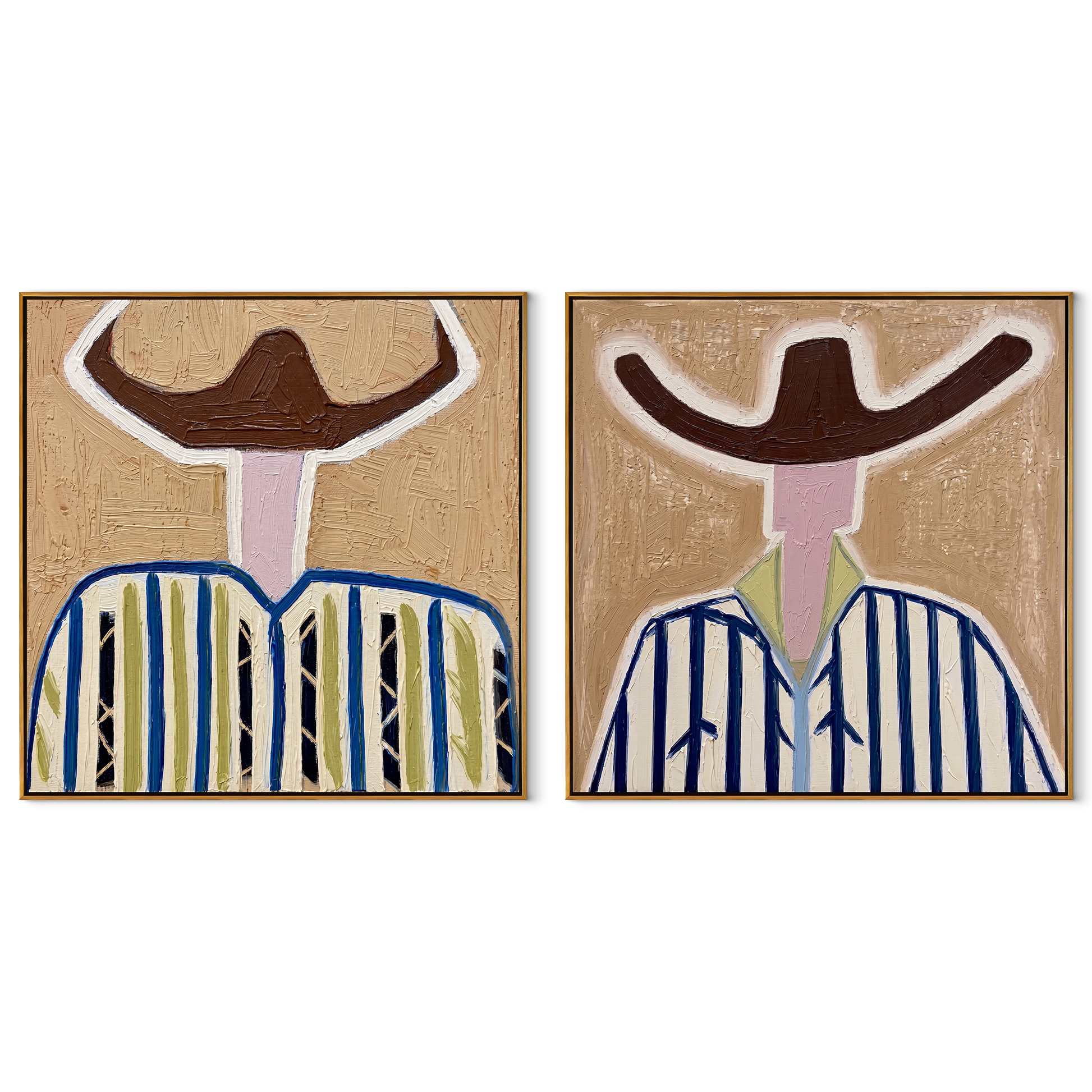 Ivory Faces Hold Blue - abstract blue stripe portrait by Elliot Vale, modern figurative set of 2 wall art - complete two-panel artwork set on white background