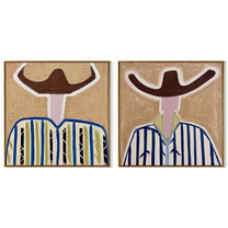 Ivory Faces Hold Blue - abstract blue stripe portrait by Elliot Vale, modern figurative set of 2 wall art - complete two-panel artwork set on white background