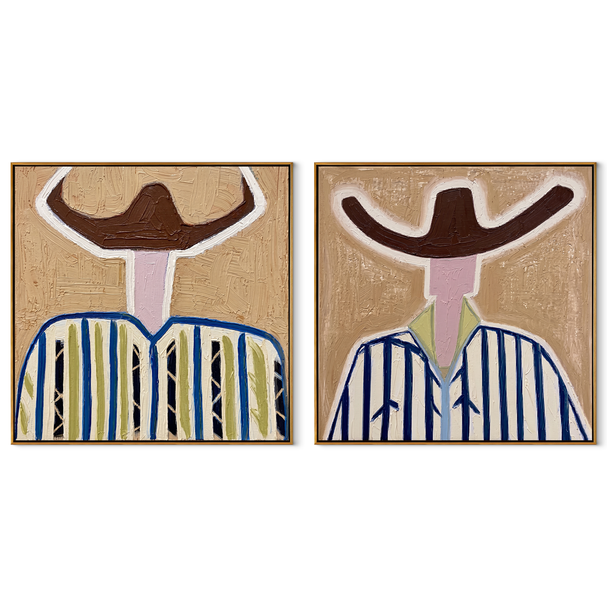 Ivory Faces Hold Blue - abstract blue stripe portrait by Elliot Vale, modern figurative set of 2 wall art - complete two-panel artwork set on white background