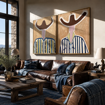 Ivory Faces Hold Blue - abstract blue stripe portrait by Elliot Vale, modern figurative set of 2 wall art - styled room scene view 2