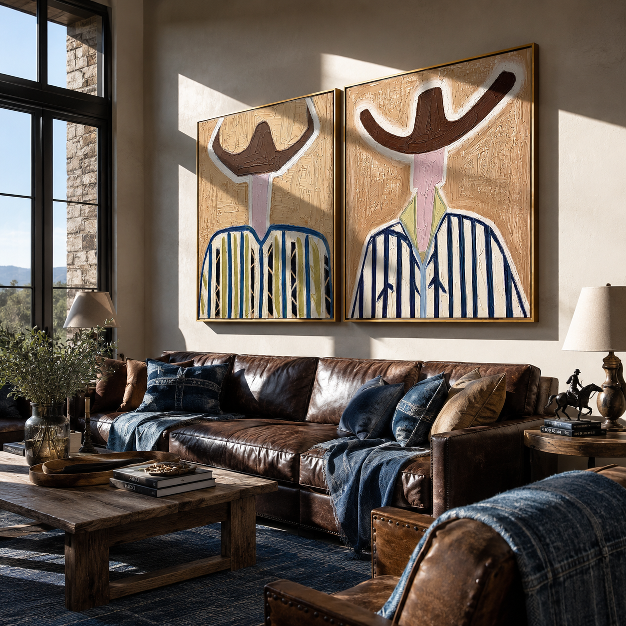 Ivory Faces Hold Blue - abstract blue stripe portrait by Elliot Vale, modern figurative set of 2 wall art - styled room scene view 2