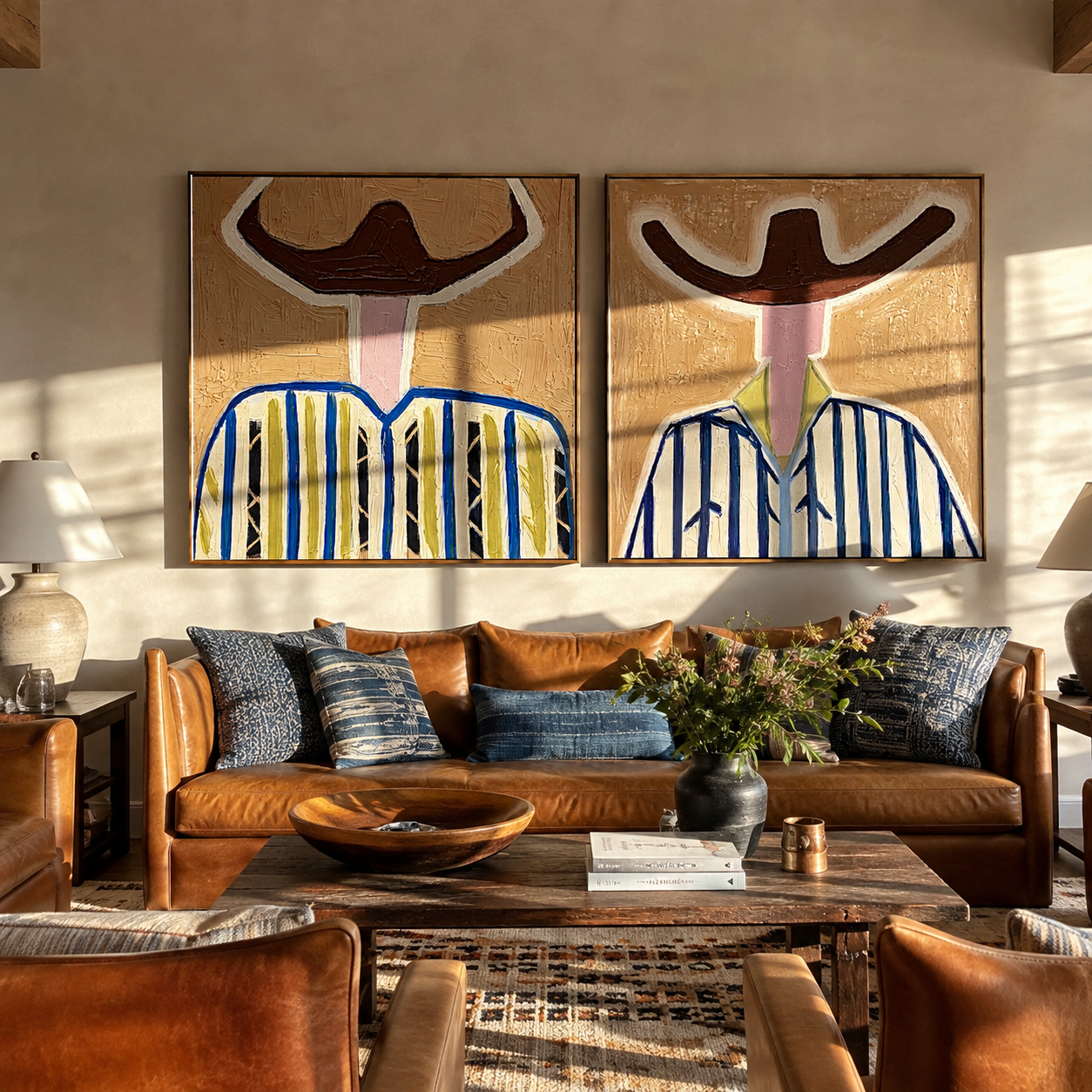 Ivory Faces Hold Blue - abstract blue stripe portrait by Elliot Vale, modern figurative set of 2 wall art - styled room scene view 3