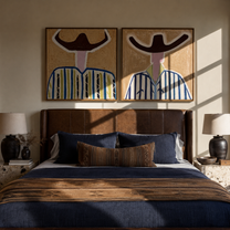 Ivory Faces Hold Blue - abstract blue stripe portrait by Elliot Vale, modern figurative set of 2 wall art - styled room scene view 5
