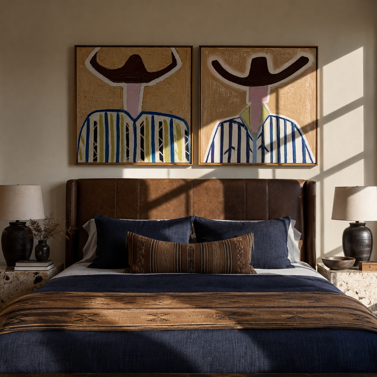 Ivory Faces Hold Blue - abstract blue stripe portrait by Elliot Vale, modern figurative set of 2 wall art - styled room scene view 5