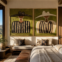 Black Brims Meet Ivory - contrasting sombrero portrait by Elliot Vale, modern figurative set of 2 wall art - styled room scene view 1
