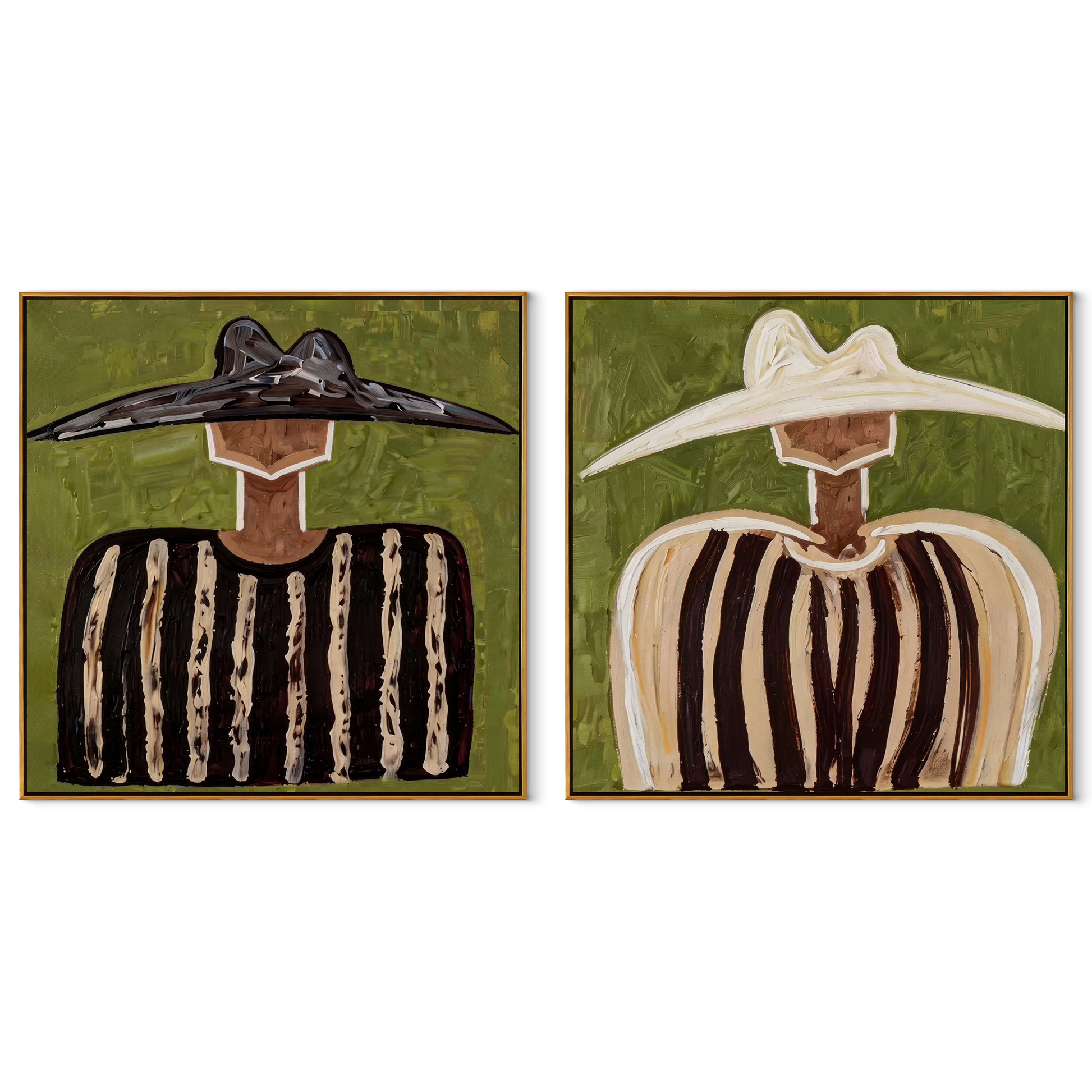 Black Brims Meet Ivory - contrasting sombrero portrait by Elliot Vale, modern figurative set of 2 wall art - complete two-panel artwork set on white background
