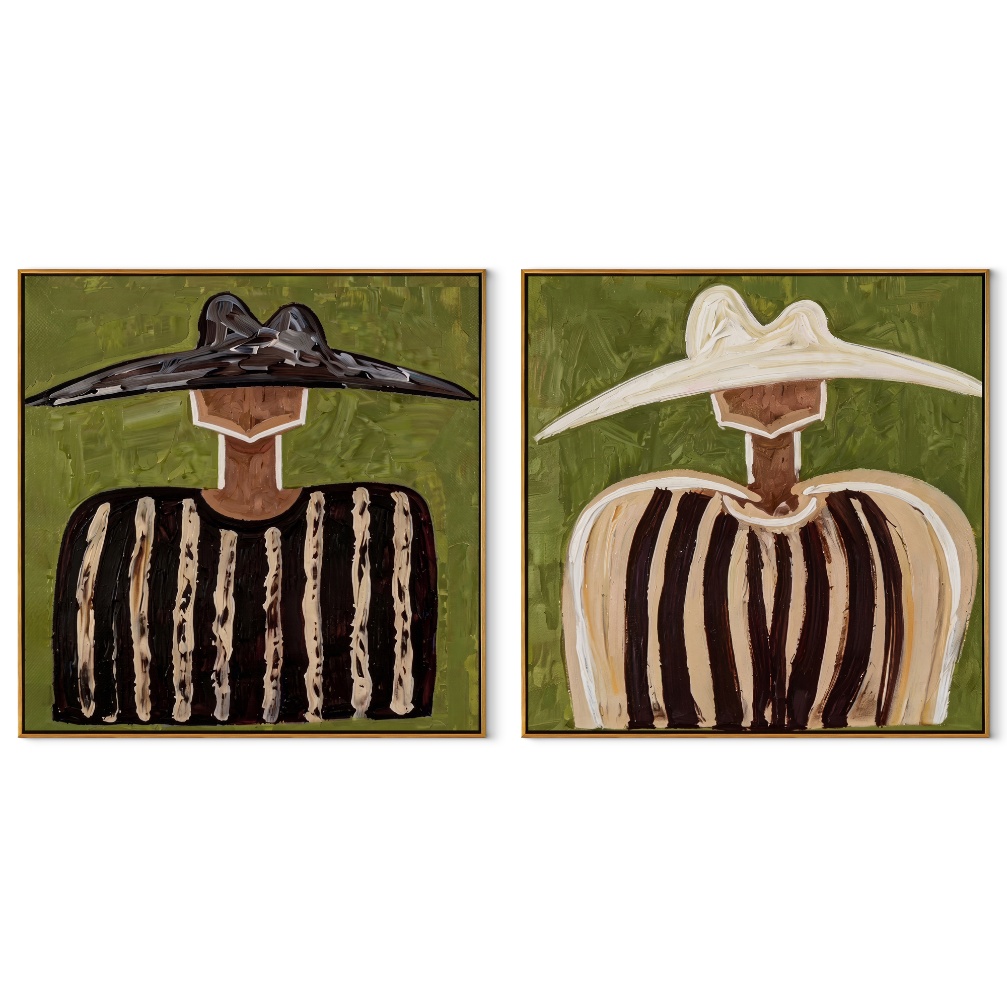 Black Brims Meet Ivory - contrasting sombrero portrait by Elliot Vale, modern figurative set of 2 wall art - complete two-panel artwork set on white background