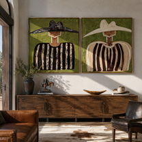 Black Brims Meet Ivory - contrasting sombrero portrait by Elliot Vale, modern figurative set of 2 wall art - styled room scene view 2