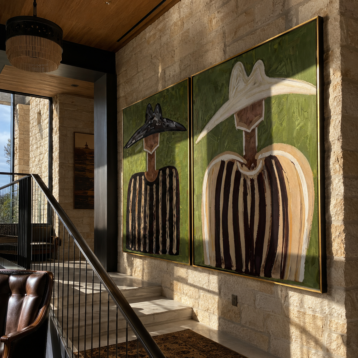Black Brims Meet Ivory - contrasting sombrero portrait by Elliot Vale, modern figurative set of 2 wall art - styled room scene view 3