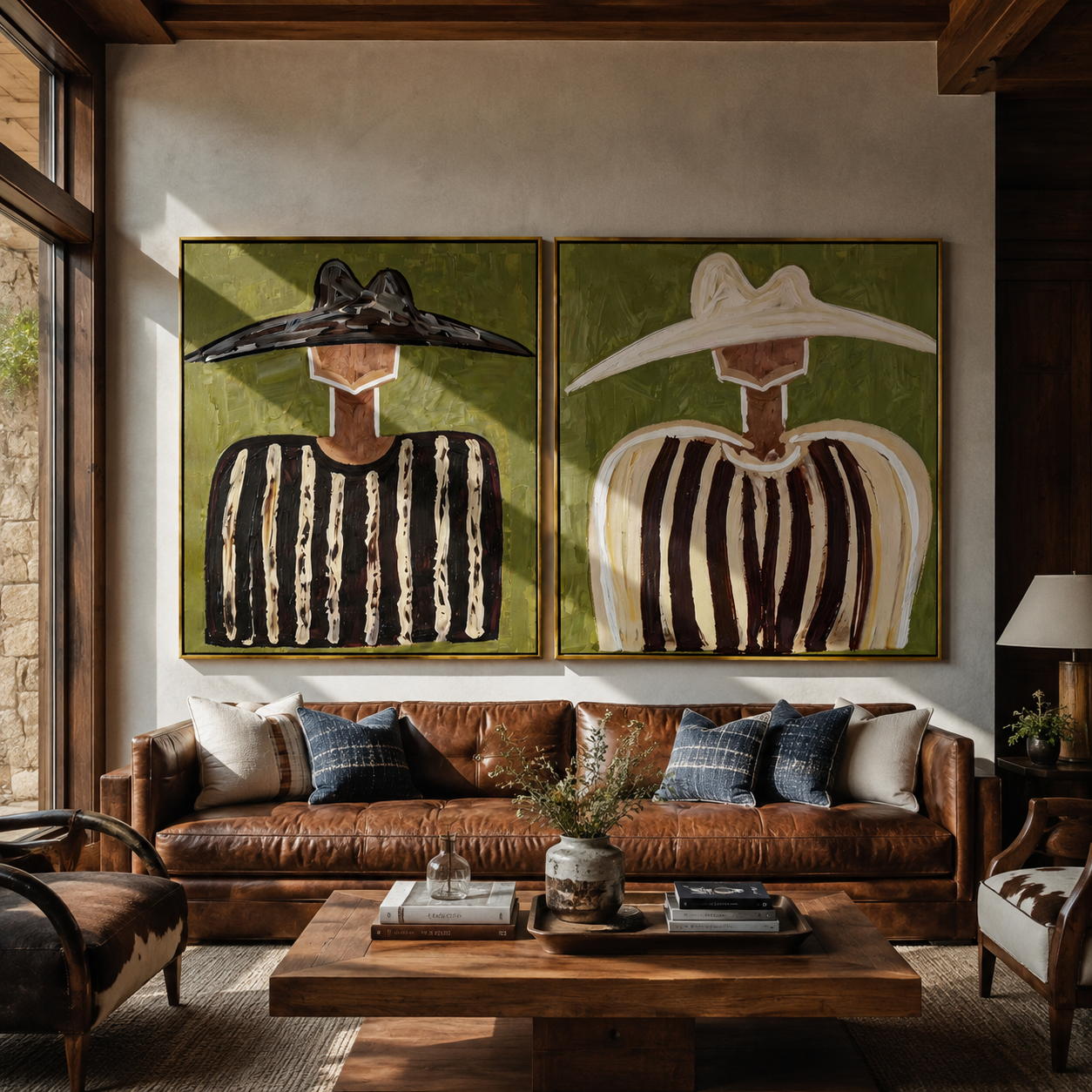 Black Brims Meet Ivory - contrasting sombrero portrait by Elliot Vale, modern figurative set of 2 wall art - styled room scene view 4