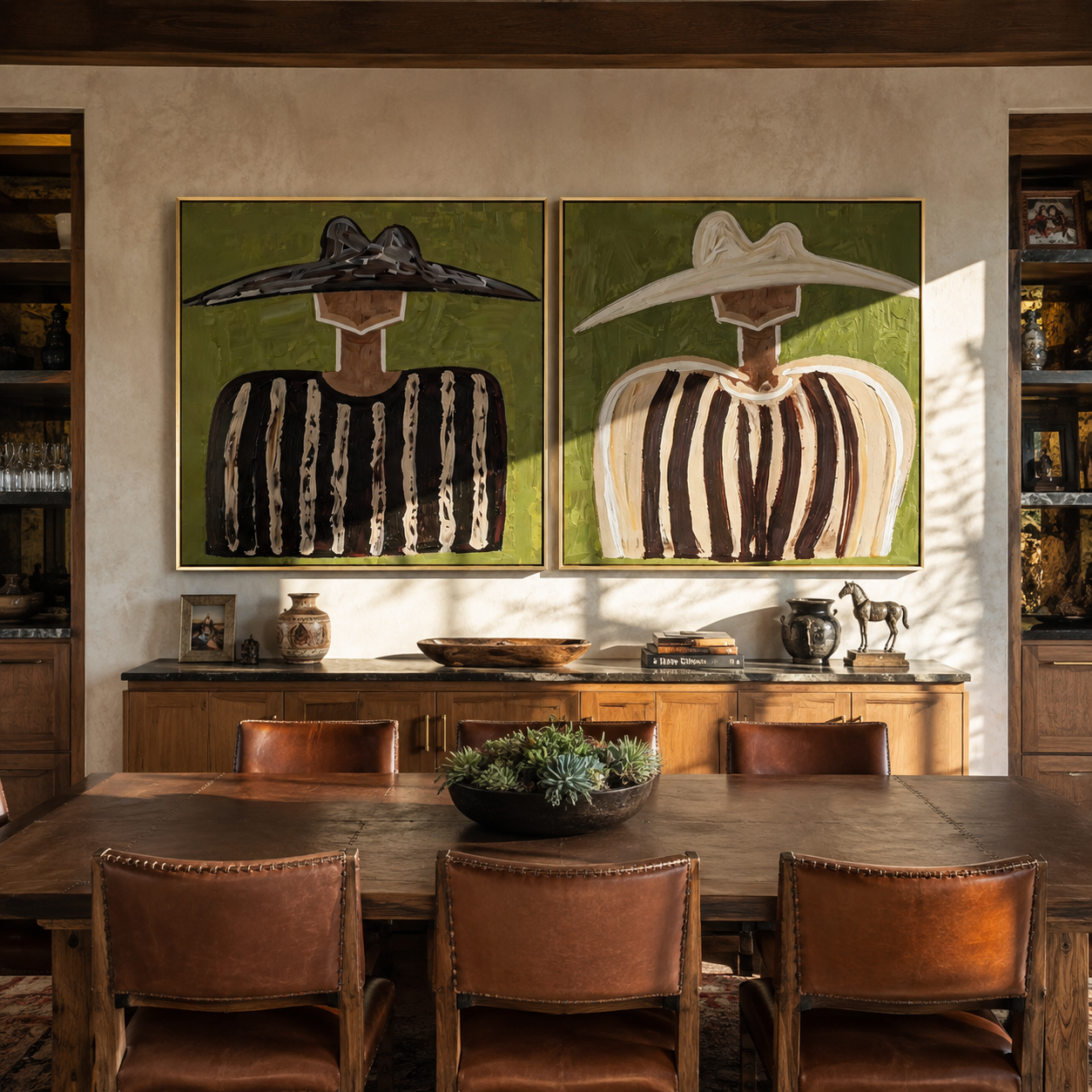 Black Brims Meet Ivory - contrasting sombrero portrait by Elliot Vale, modern figurative set of 2 wall art - styled room scene view 5