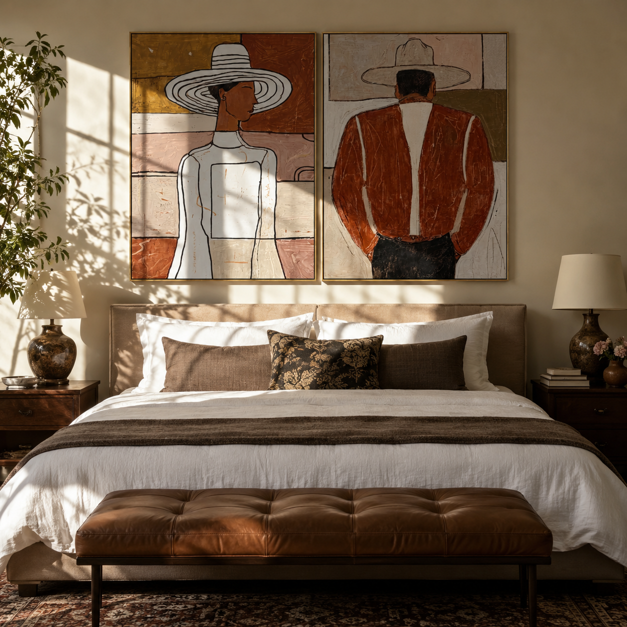Two Figures Turn Opposite - front back Western figures by Elliot Vale, modern figurative set of 2 wall art - styled room scene view 1