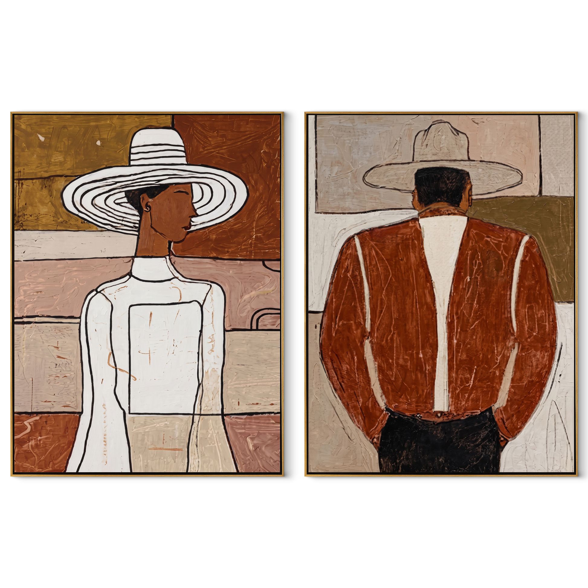 Two Figures Turn Opposite - front back Western figures by Elliot Vale, modern figurative set of 2 wall art - complete two-panel artwork set on white background