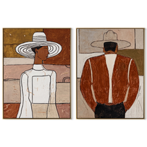 Two Figures Turn Opposite - front back Western figures by Elliot Vale, modern figurative set of 2 wall art - complete two-panel artwork set on white background