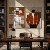 Two Figures Turn Opposite - front back Western figures by Elliot Vale, modern figurative set of 2 wall art - styled room scene view 2