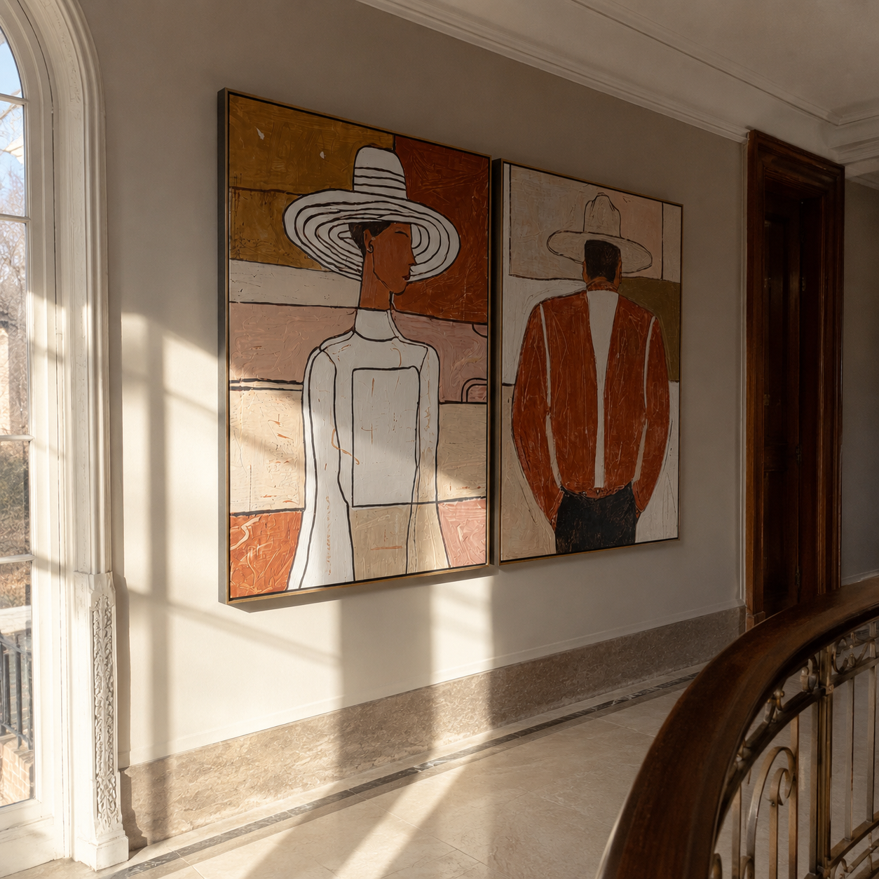 Two Figures Turn Opposite - front back Western figures by Elliot Vale, modern figurative set of 2 wall art - styled room scene view 3