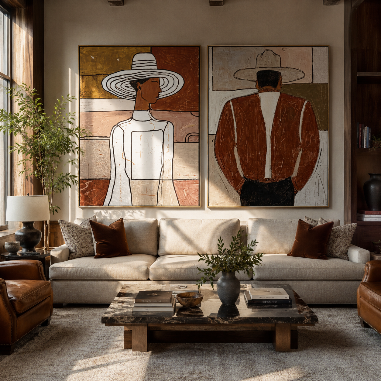 Two Figures Turn Opposite - front back Western figures by Elliot Vale, modern figurative set of 2 wall art - styled room scene view 4