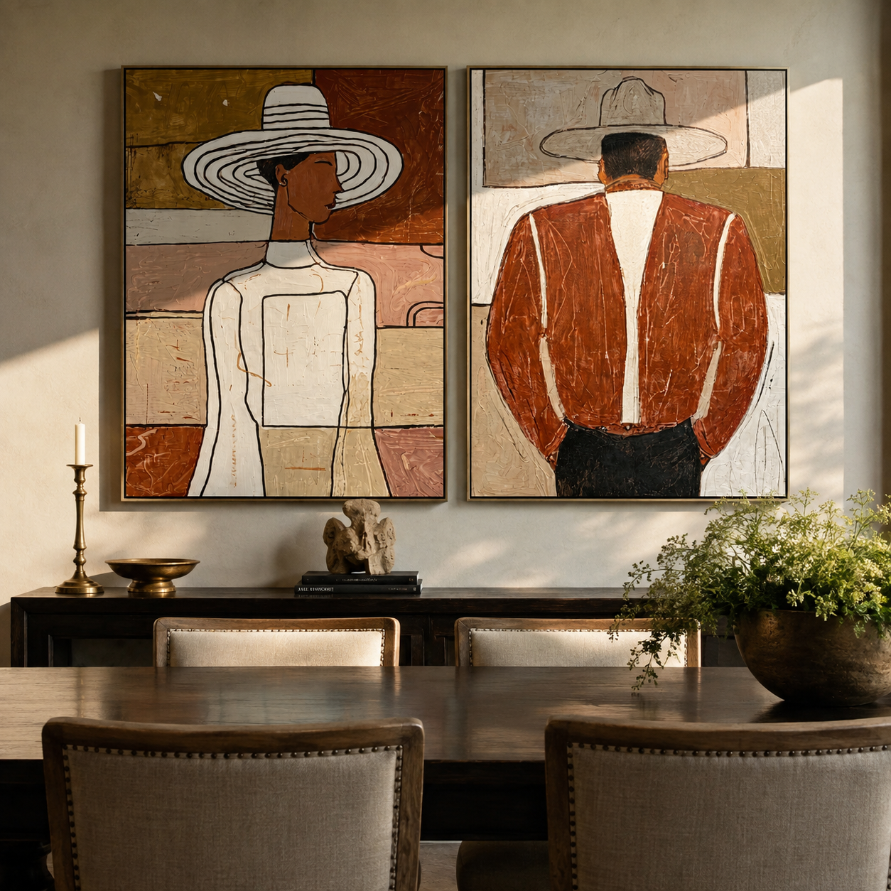 Two Figures Turn Opposite - front back Western figures by Elliot Vale, modern figurative set of 2 wall art - styled room scene view 5