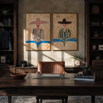 River Blue Cuts Sand - coastal stripe figure by Elliot Vale, modern figurative set of 2 wall art - styled room scene view 1