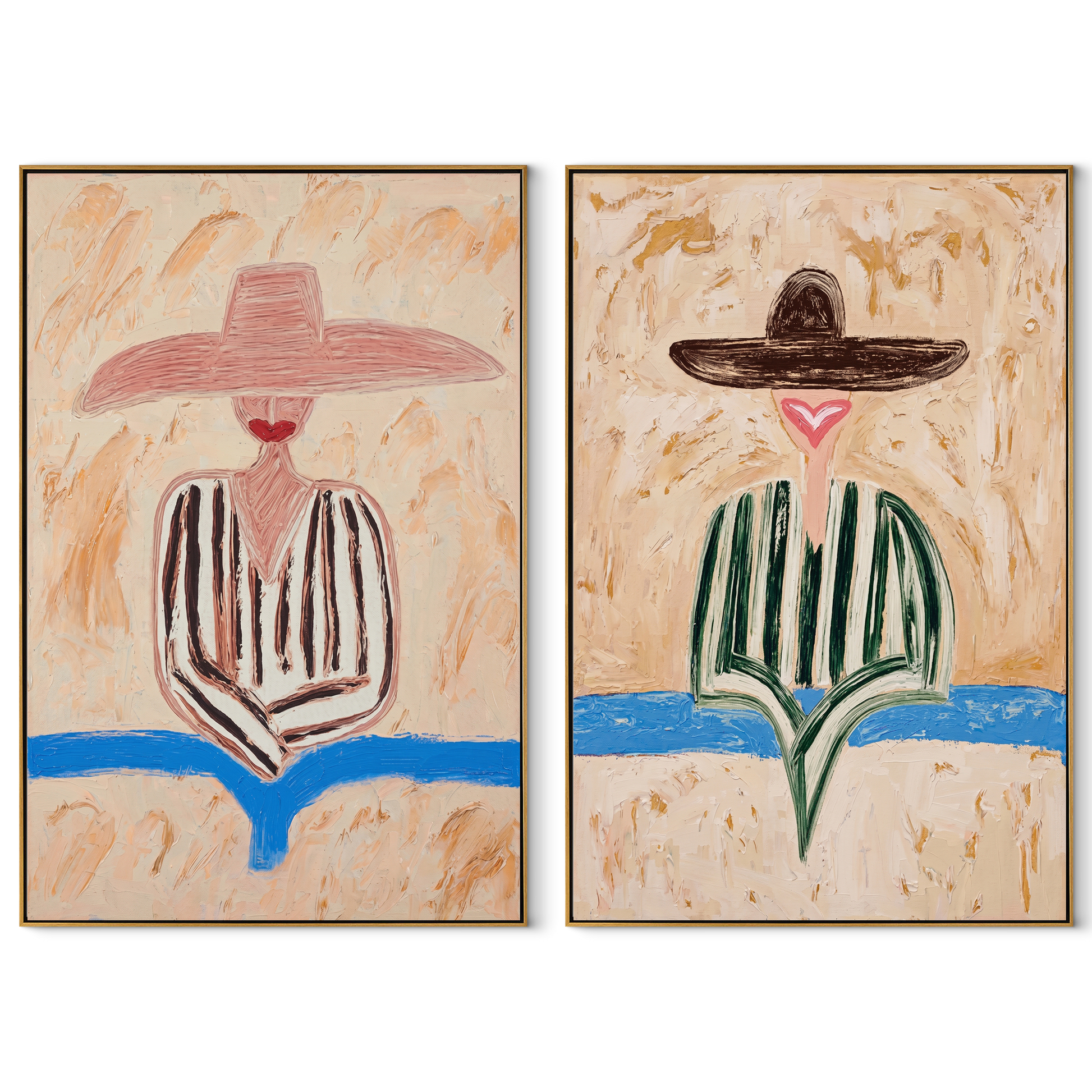 River Blue Cuts Sand - coastal stripe figure by Elliot Vale, modern figurative set of 2 wall art - complete two-panel artwork set on white background