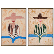 River Blue Cuts Sand - coastal stripe figure by Elliot Vale, modern figurative set of 2 wall art - complete two-panel artwork set on white background