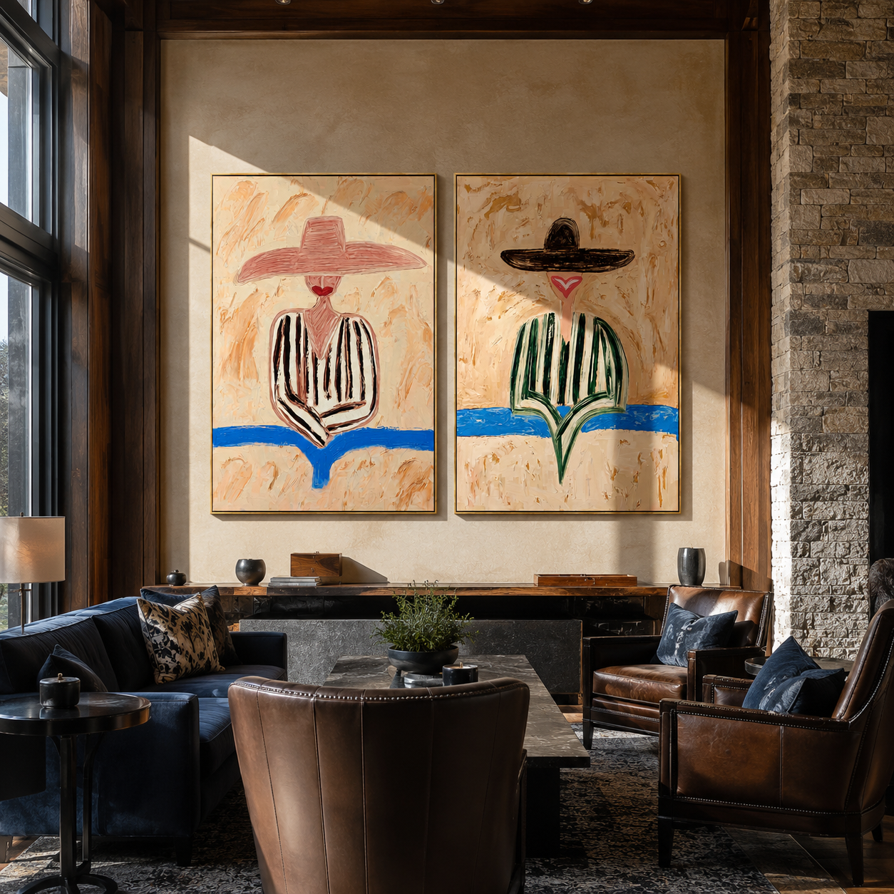 River Blue Cuts Sand - coastal stripe figure by Elliot Vale, modern figurative set of 2 wall art - styled room scene view 2