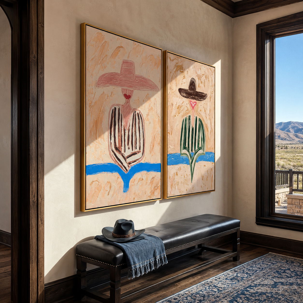 River Blue Cuts Sand - coastal stripe figure by Elliot Vale, modern figurative set of 2 wall art - styled room scene view 3