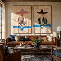 River Blue Cuts Sand - coastal stripe figure by Elliot Vale, modern figurative set of 2 wall art - styled room scene view 4