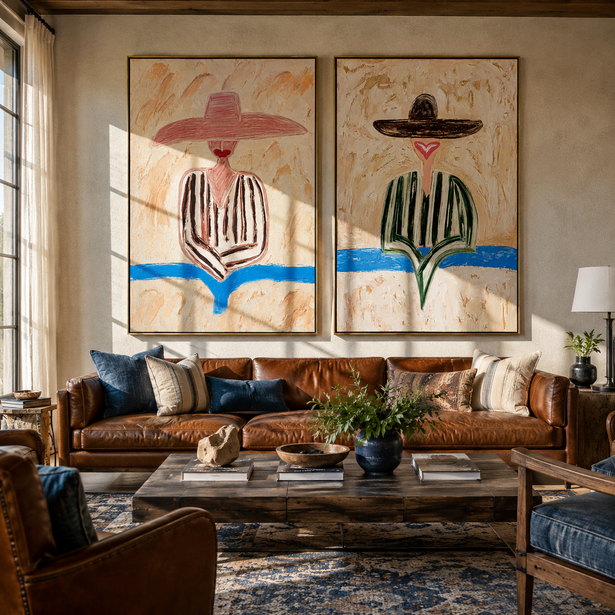 River Blue Cuts Sand - coastal stripe figure by Elliot Vale, modern figurative set of 2 wall art - styled room scene view 4