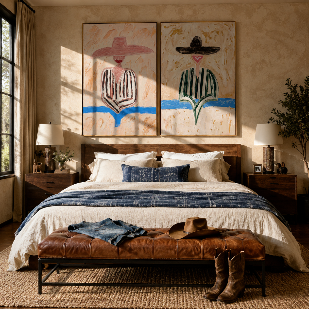 River Blue Cuts Sand - coastal stripe figure by Elliot Vale, modern figurative set of 2 wall art - styled room scene view 5