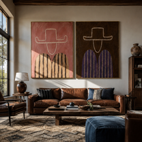 Rose Outlines Face Umber - outlined cowboy portrait by Elliot Vale, modern figurative set of 2 wall art - styled room scene view 1