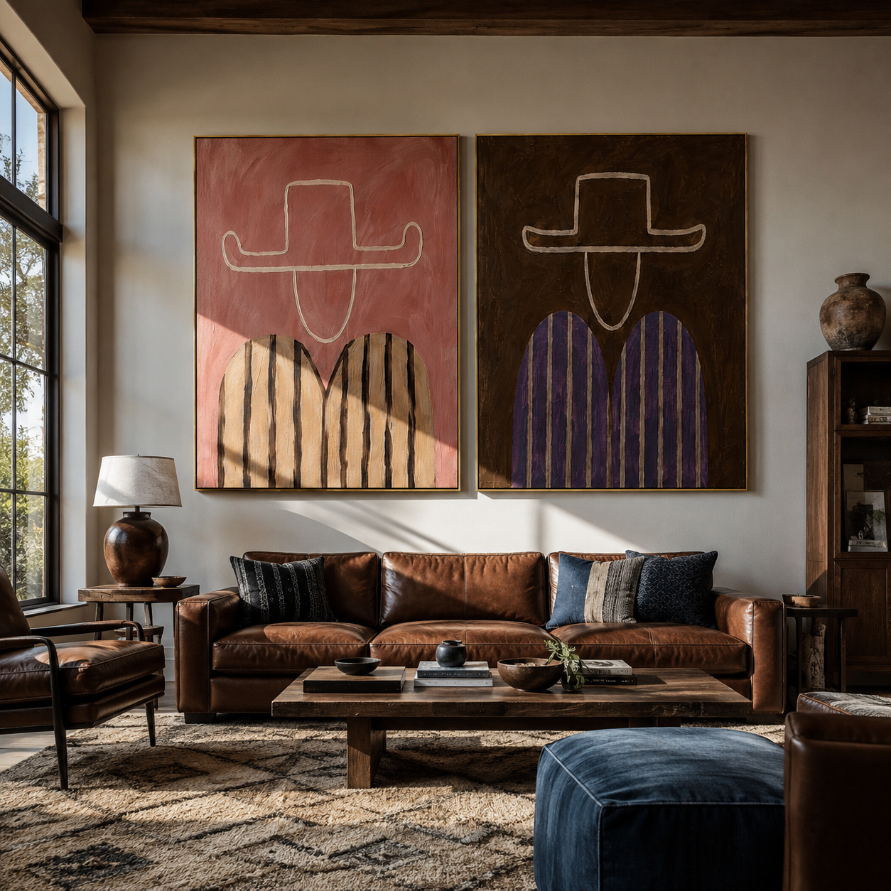 Rose Outlines Face Umber - outlined cowboy portrait by Elliot Vale, modern figurative set of 2 wall art - styled room scene view 1