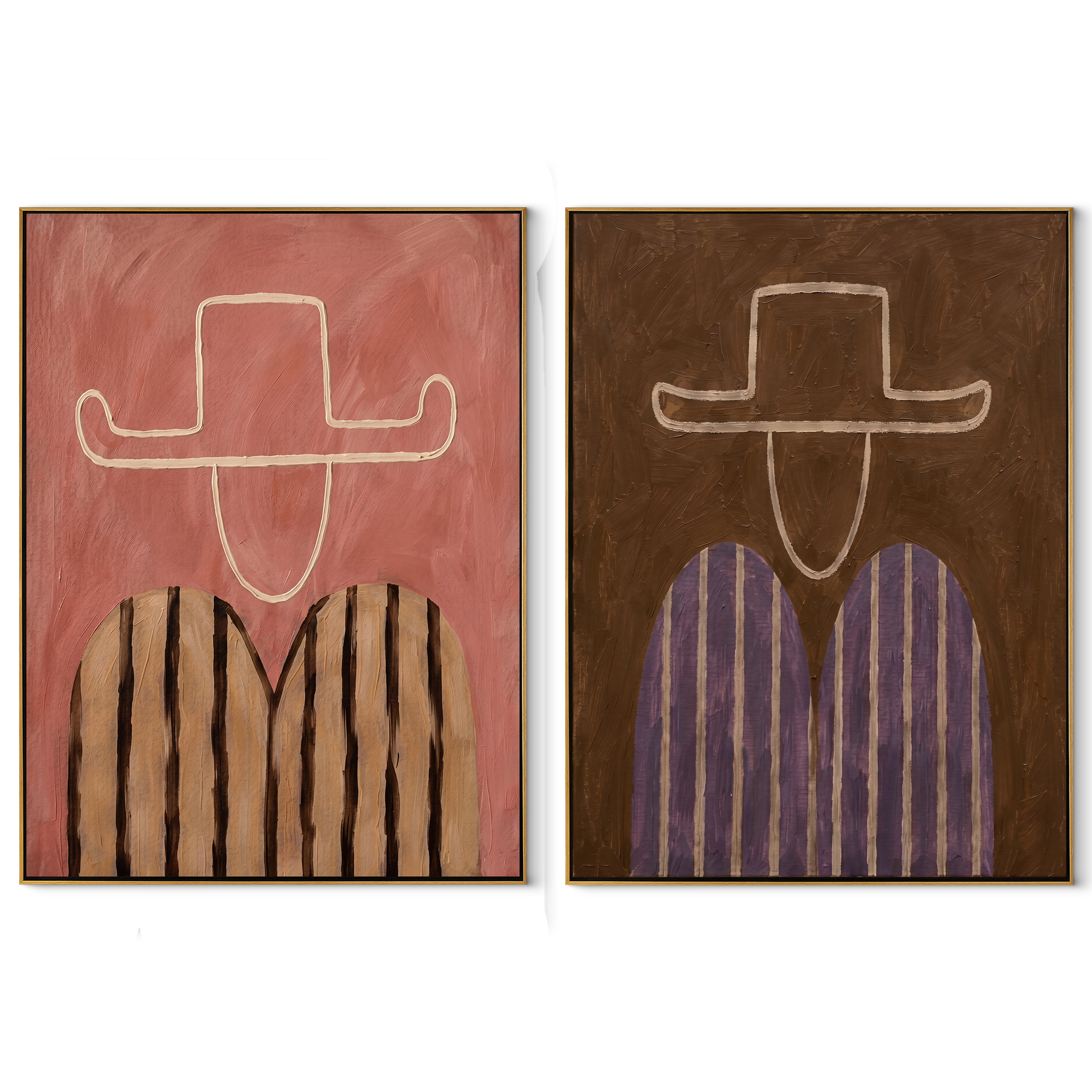 Rose Outlines Face Umber - outlined cowboy portrait by Elliot Vale, modern figurative set of 2 wall art - complete two-panel artwork set on white background