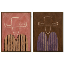 Rose Outlines Face Umber - outlined cowboy portrait by Elliot Vale, modern figurative set of 2 wall art - complete two-panel artwork set on white background