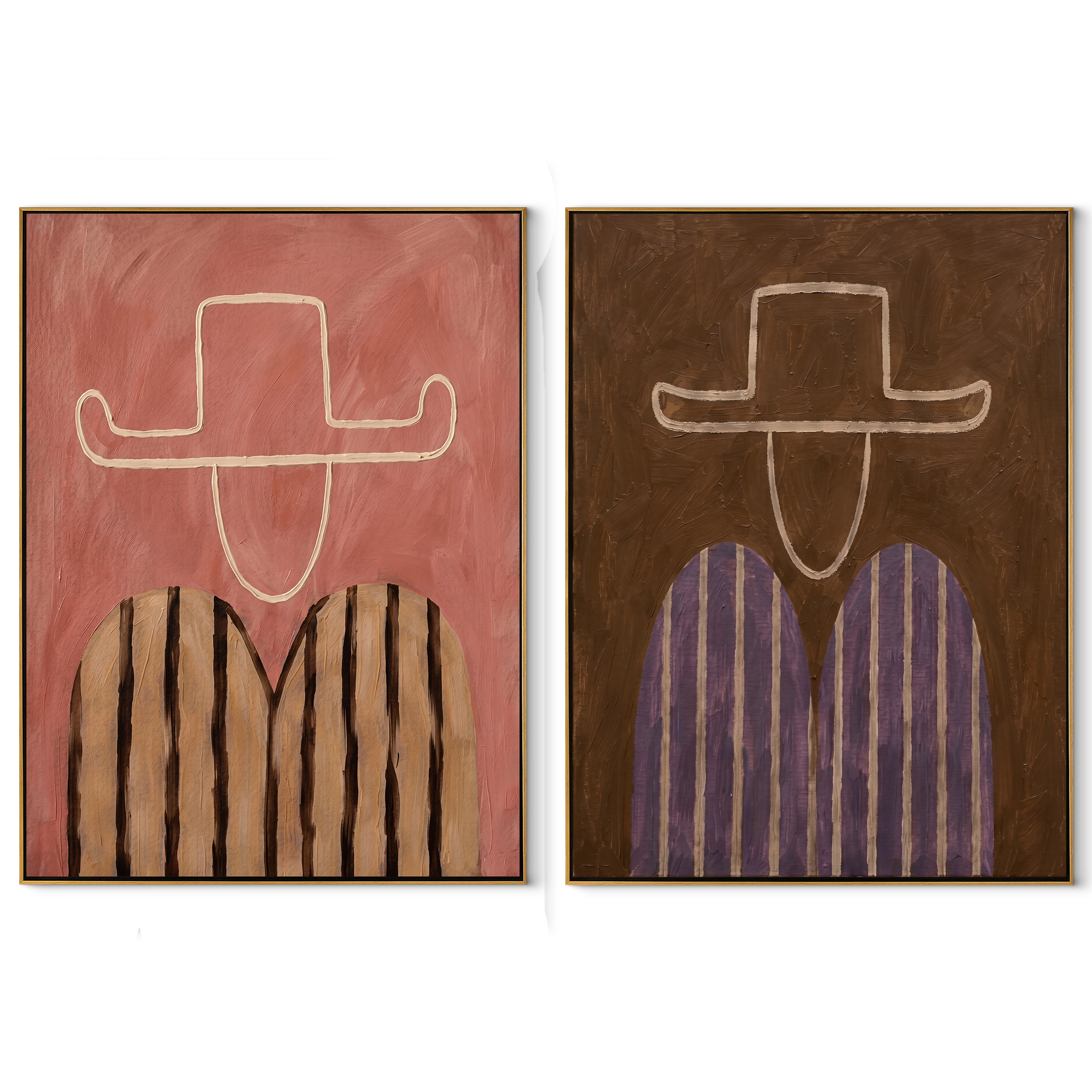 Rose Outlines Face Umber - outlined cowboy portrait by Elliot Vale, modern figurative set of 2 wall art - complete two-panel artwork set on white background