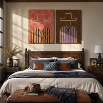 Rose Outlines Face Umber - outlined cowboy portrait by Elliot Vale, modern figurative set of 2 wall art - styled room scene view 2