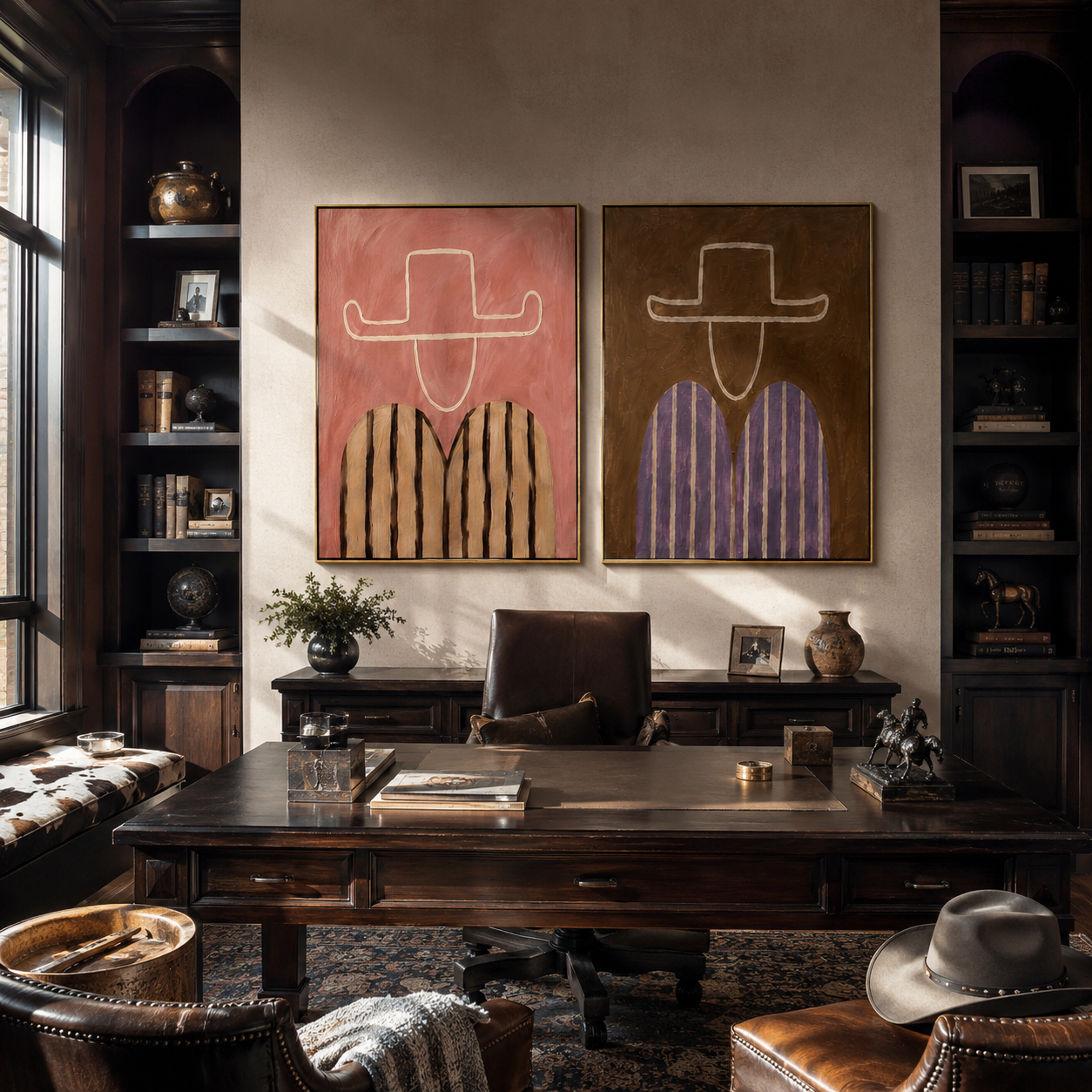 Rose Outlines Face Umber - outlined cowboy portrait by Elliot Vale, modern figurative set of 2 wall art - styled room scene view 3