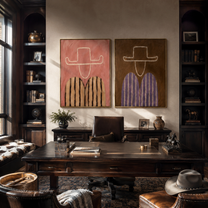 Rose Outlines Face Umber - outlined cowboy portrait by Elliot Vale, modern figurative set of 2 wall art - styled room scene view 3