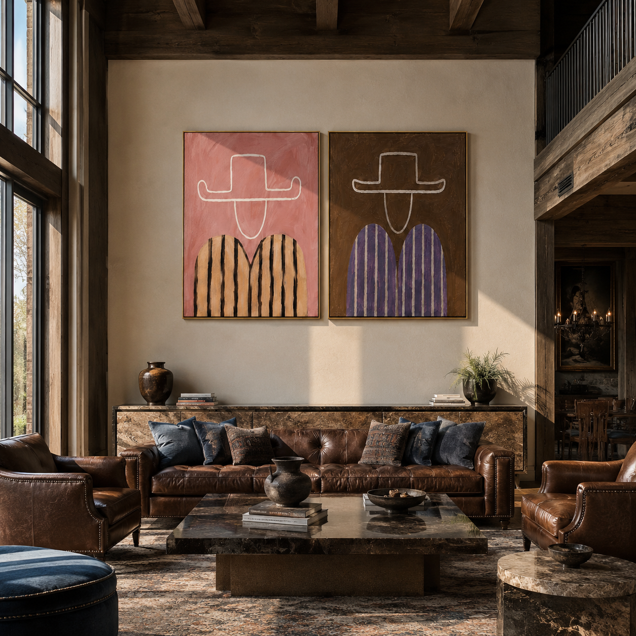 Rose Outlines Face Umber - outlined cowboy portrait by Elliot Vale, modern figurative set of 2 wall art - styled room scene view 4