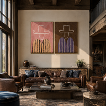 Rose Outlines Face Umber - outlined cowboy portrait by Elliot Vale, modern figurative set of 2 wall art - styled room scene view 4