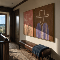 Rose Outlines Face Umber - outlined cowboy portrait by Elliot Vale, modern figurative set of 2 wall art - styled room scene view 5