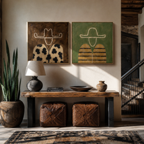 Patterned Fields Share Silence - floral striped portrait by Elliot Vale, modern figurative set of 2 wall art - styled room scene view 1