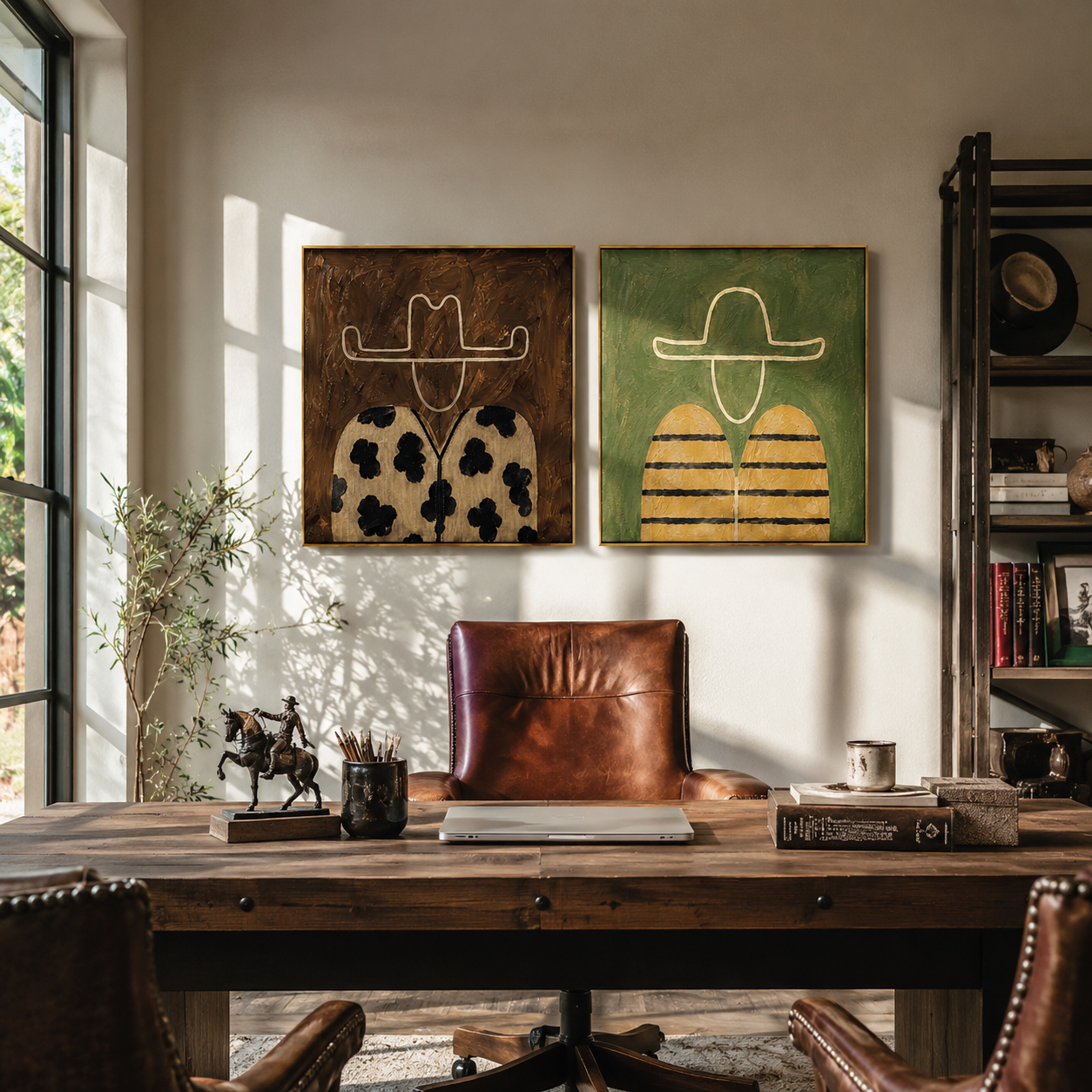 Patterned Fields Share Silence - floral striped portrait by Elliot Vale, modern figurative set of 2 wall art - styled room scene view 2