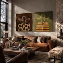 Patterned Fields Share Silence - floral striped portrait by Elliot Vale, modern figurative set of 2 wall art - styled room scene view 3