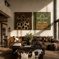 Patterned Fields Share Silence - floral striped portrait by Elliot Vale, modern figurative set of 2 wall art - styled room scene view 4